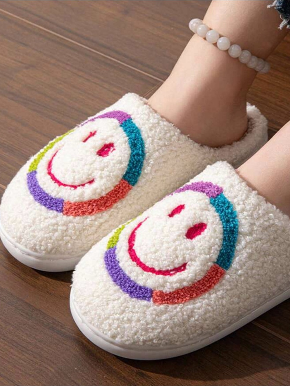 Cozy Plush Rainbow Smiley Face Slippers
